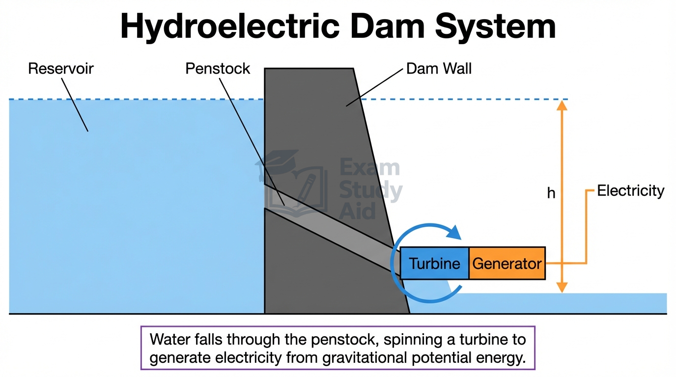 Cross-section of a hydroelectric dam showing reservoir, penstock, dam wall, and turbine-generator, with water falling through height h to produce electricity.