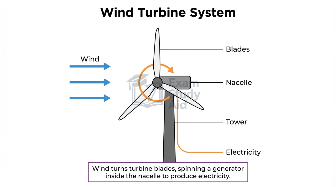 Labelled wind turbine showing blades, nacelle, and tower, with wind turning the blades to spin a generator inside the nacelle and produce electricity.
