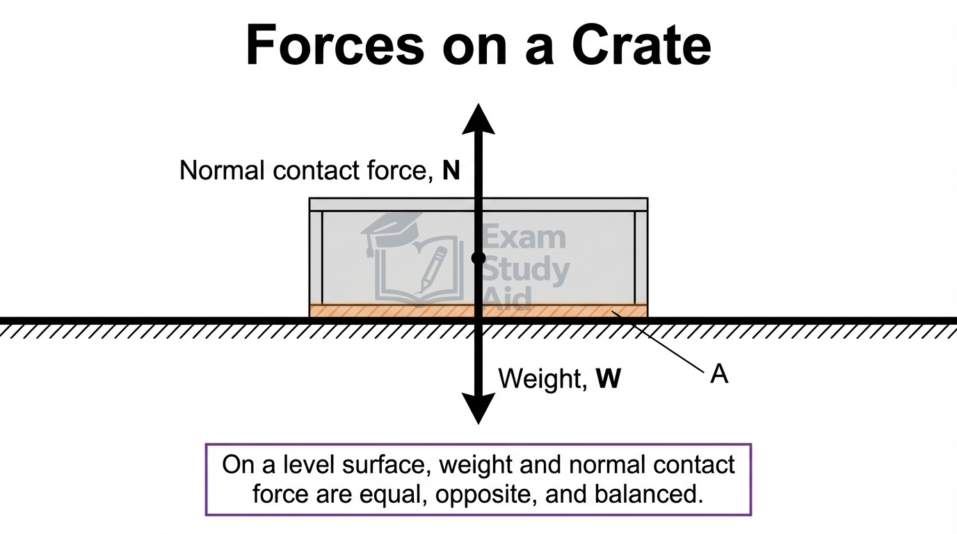 Free-body diagram of a crate on a level surface showing balanced, equal and opposite normal contact force N acting up and weight W acting down.