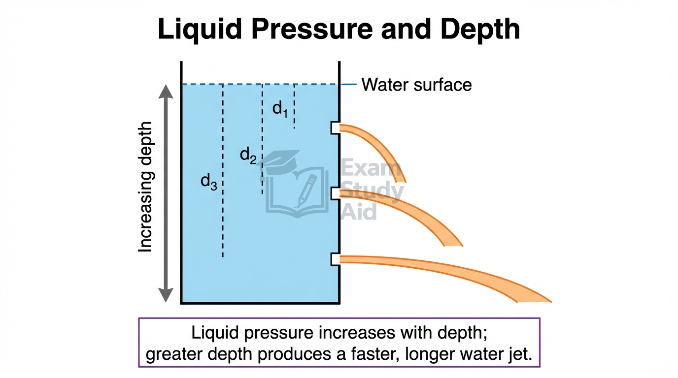 Container of water with three side holes at increasing depths d1, d2, d3, showing deeper holes squirt water jets further because liquid pressure rises with depth.