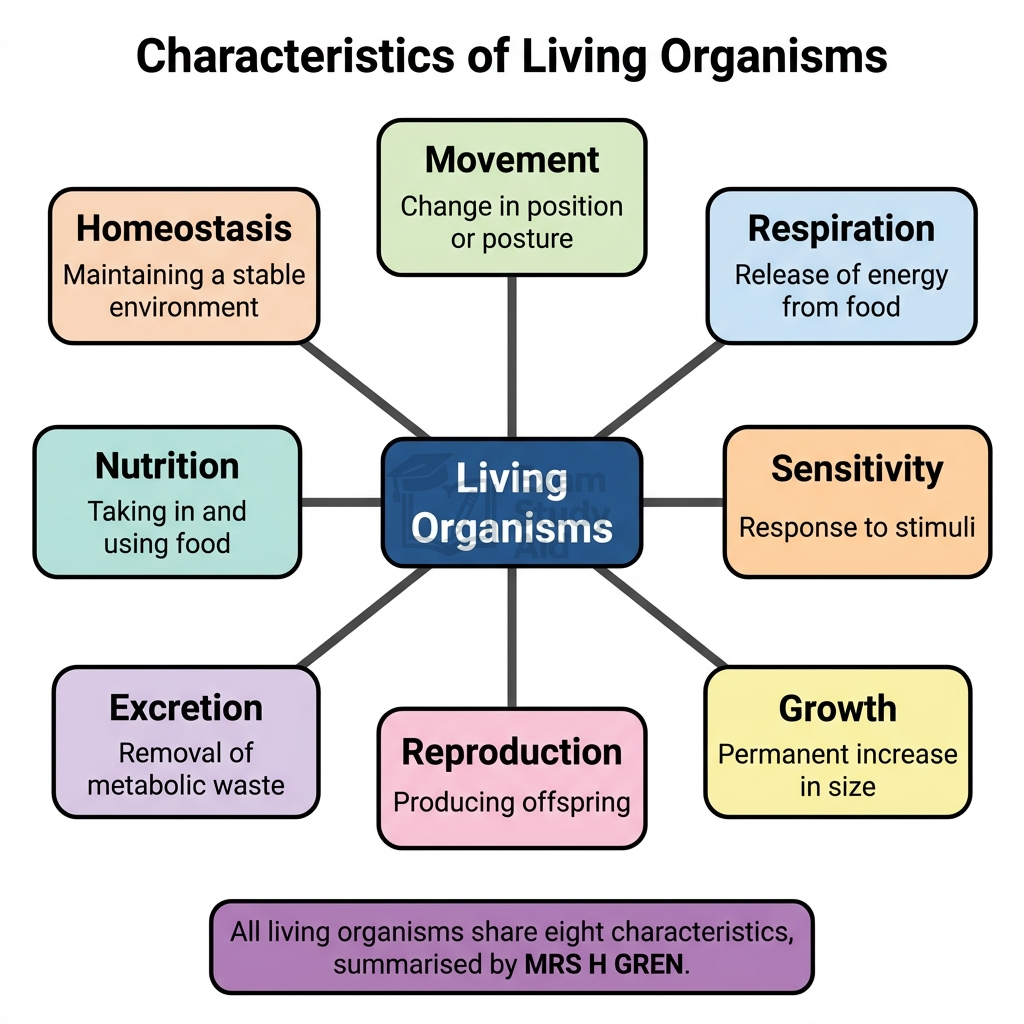Spider diagram linking Living Organisms to the eight life characteristics: movement, respiration, sensitivity, growth, reproduction, excretion, nutrition and homeostasis (MRS GREN H).