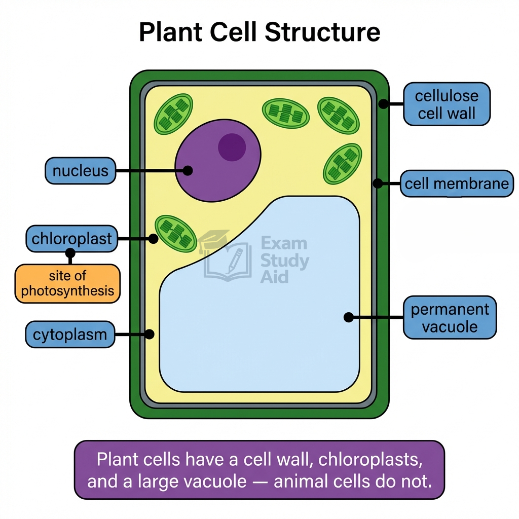 Labelled plant cell diagram showing nucleus, chloroplast, cytoplasm, cell membrane, cellulose cell wall and a large permanent vacuole.