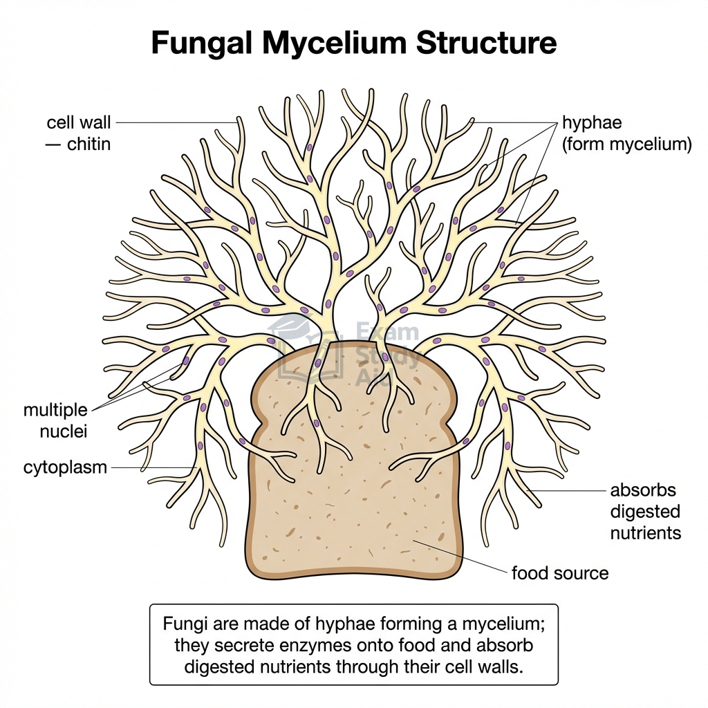 Labelled fungal mycelium diagram showing hyphae with chitin cell walls and multiple nuclei absorbing digested nutrients from a food source such as bread.