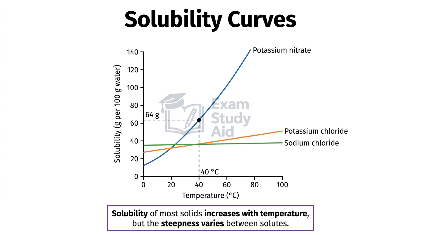 Solubility curves graph of solubility against temperature for potassium nitrate (steeply rising), potassium chloride and near-flat sodium chloride, with 64 g read at 40C.