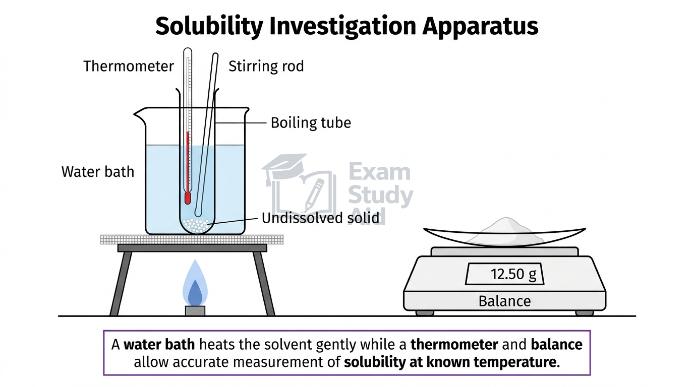 Solubility investigation apparatus showing a boiling tube of solution with undissolved solid in a heated water bath, a thermometer and stirring rod, beside a balance.