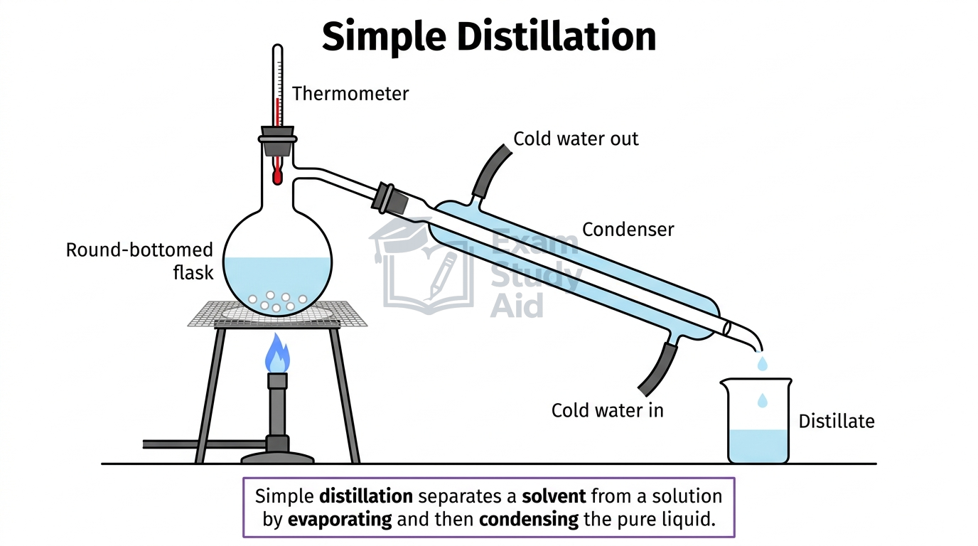 Simple distillation apparatus with a round-bottomed flask, thermometer and water-cooled condenser separating a solvent that evaporates and condenses into distillate.