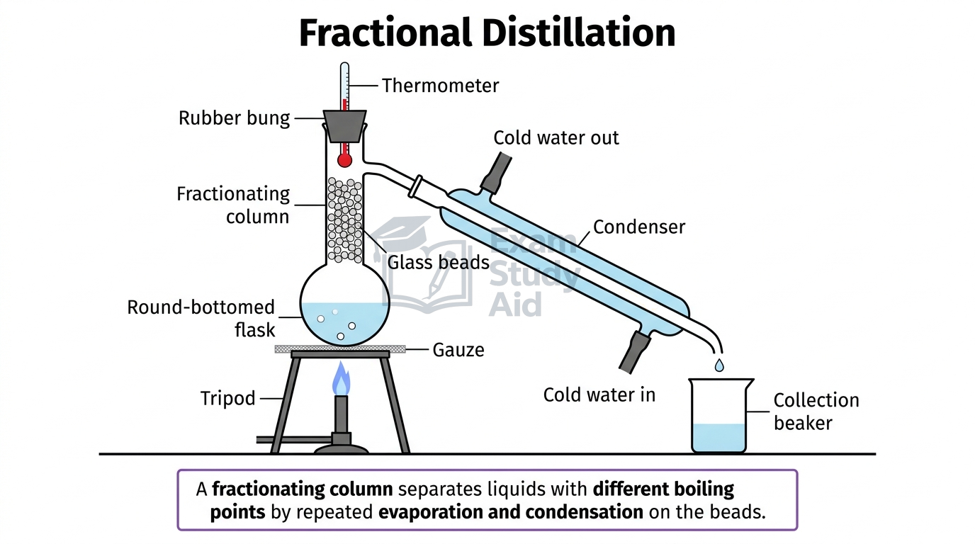 Fractional distillation apparatus with a glass-bead-packed fractionating column, thermometer and condenser separating miscible liquids by their different boiling points.