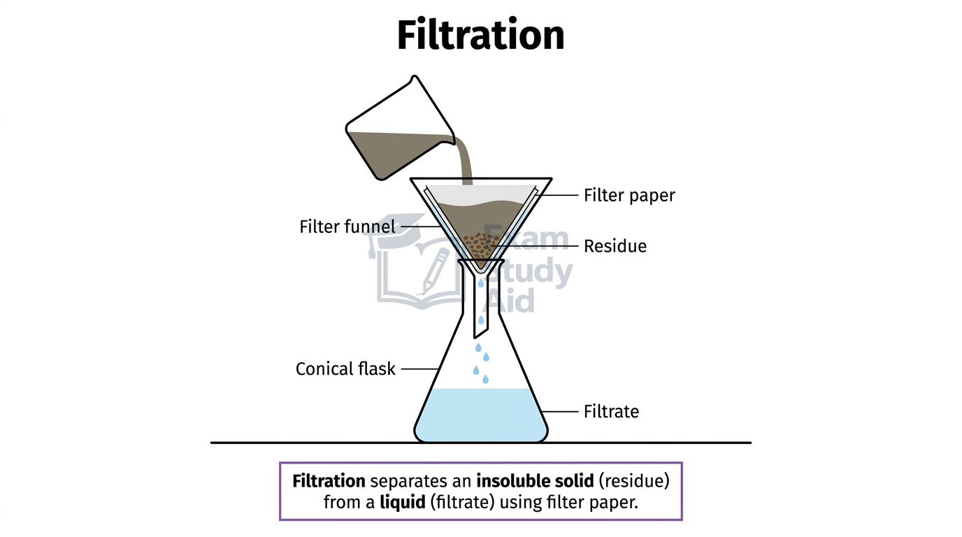 Filtration diagram of a mixture poured through filter paper in a funnel, trapping the insoluble solid residue while the liquid filtrate drips into a conical flask.