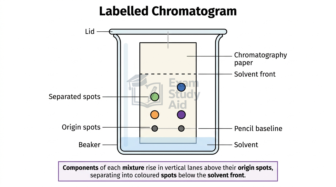 Labelled chromatogram in a covered beaker showing origin spots on a pencil baseline rising into separated coloured spots below the solvent front on chromatography paper.