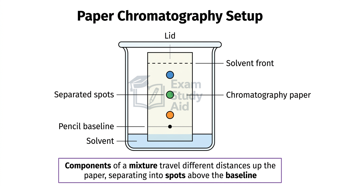 Paper chromatography setup in a lidded beaker with solvent below a pencil baseline, showing mixture components separating into spots at different heights up the paper.