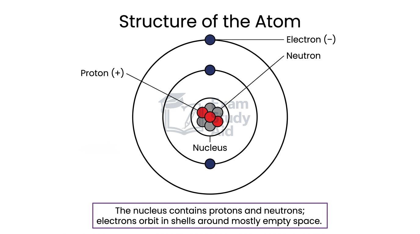 Labelled model of an atom showing a central nucleus of protons and neutrons surrounded by electrons in two circular shells.