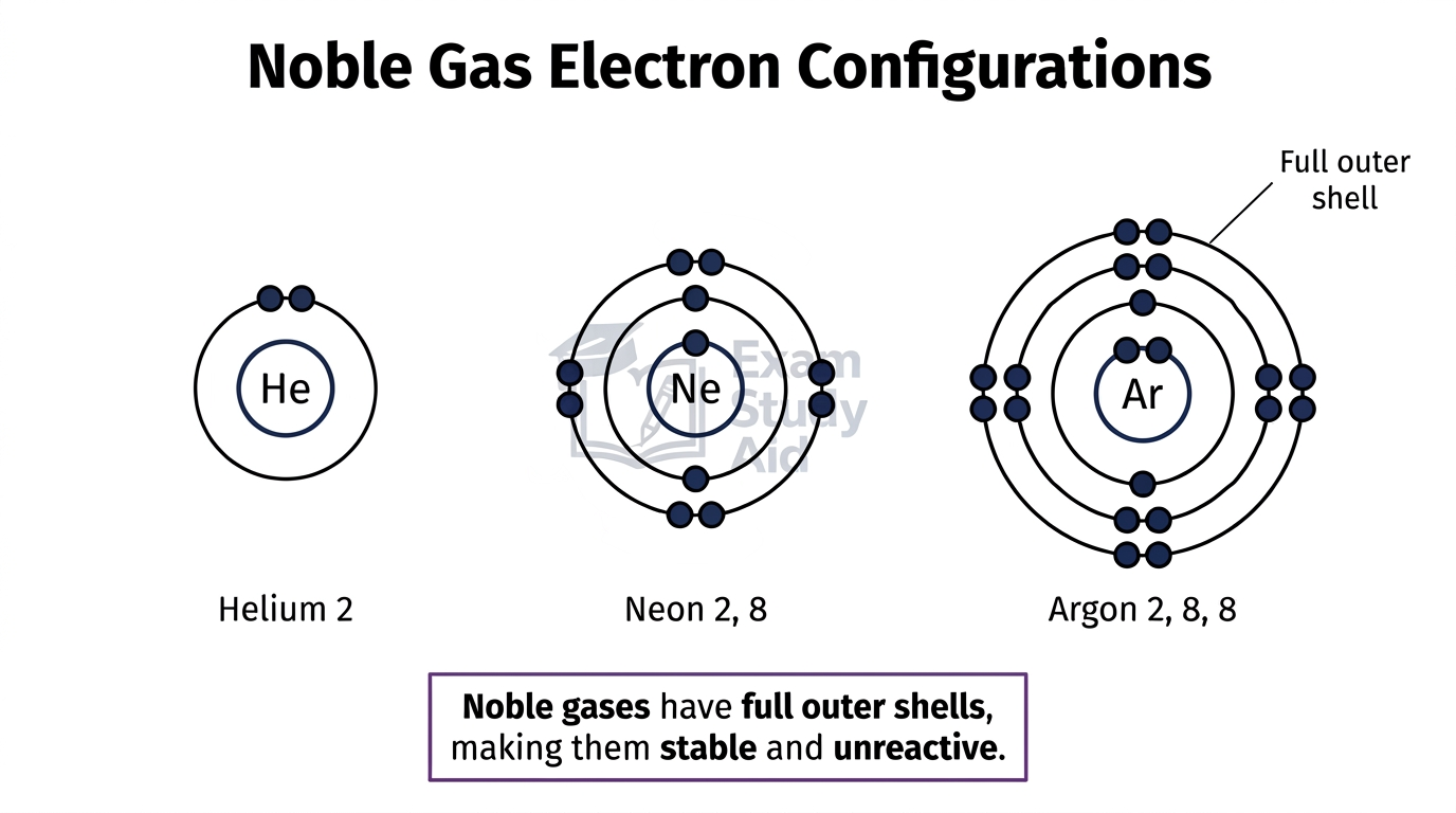 Shell diagrams of helium (2), neon (2,8) and argon (2,8,8) showing noble gases with full stable outer electron shells.
