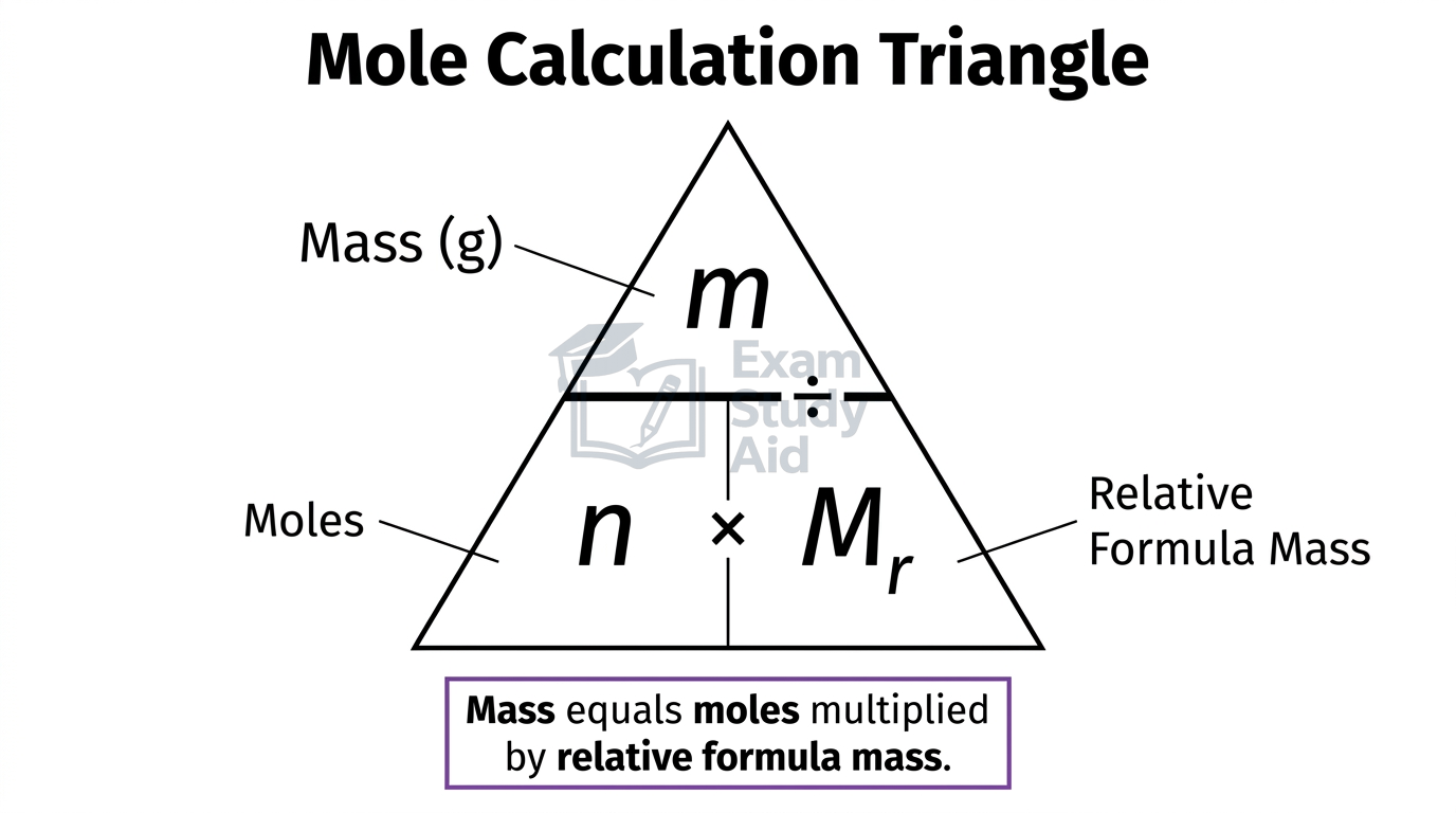 Mole calculation triangle with mass m on top and moles n multiplied by relative formula mass Mr below, showing m equals n times Mr.