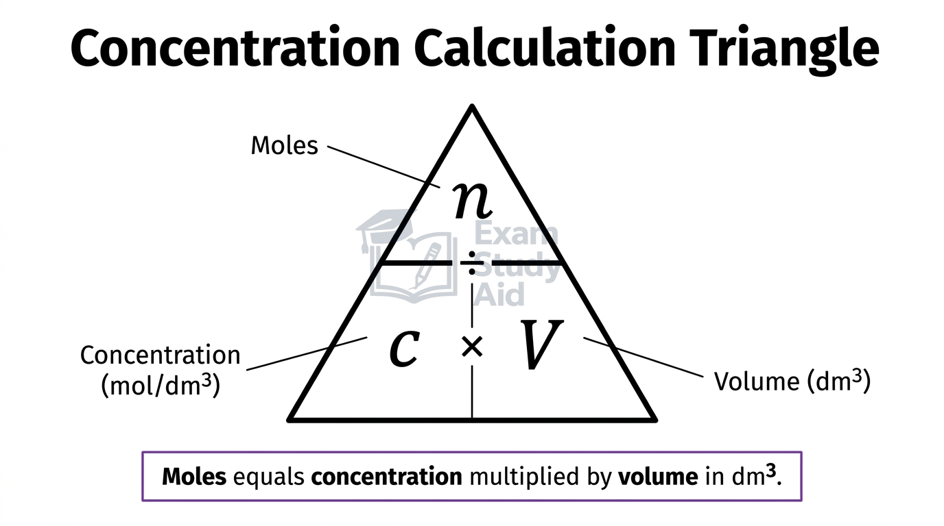 Concentration calculation triangle with moles n on top and concentration c multiplied by volume V below, showing n equals c times V.