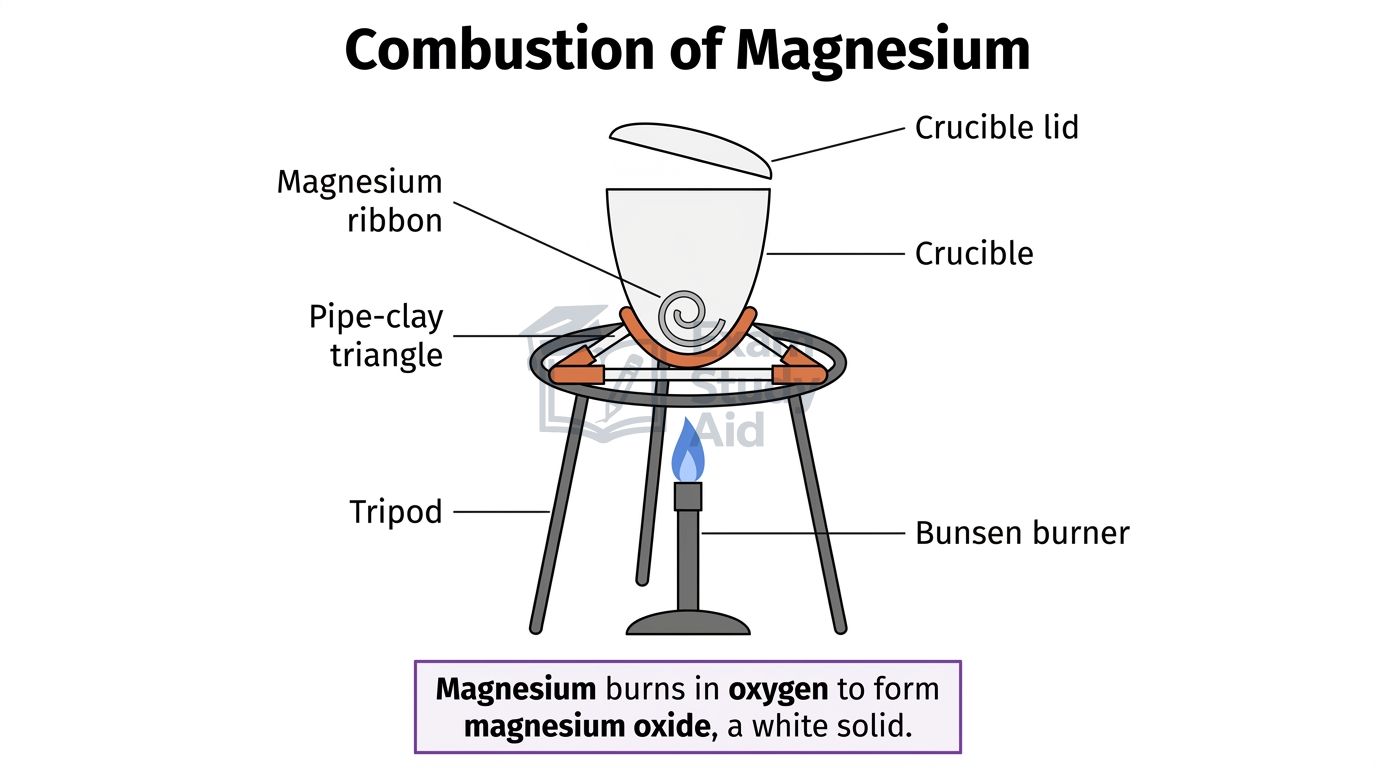 Labelled apparatus for burning magnesium ribbon in a crucible with lid on a pipe-clay triangle over a tripod and Bunsen burner.