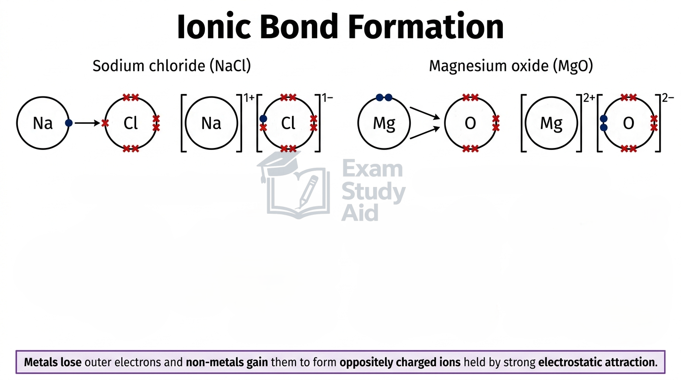 Dot-and-cross diagrams showing electron transfer forming ionic bonds in sodium chloride (Na+ Cl-) and magnesium oxide (Mg2+ O2-).
