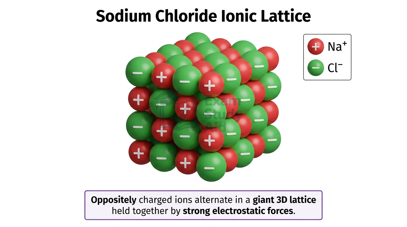 Three-dimensional giant ionic lattice of sodium chloride with alternating red sodium and green chloride ions packed in a regular cube.