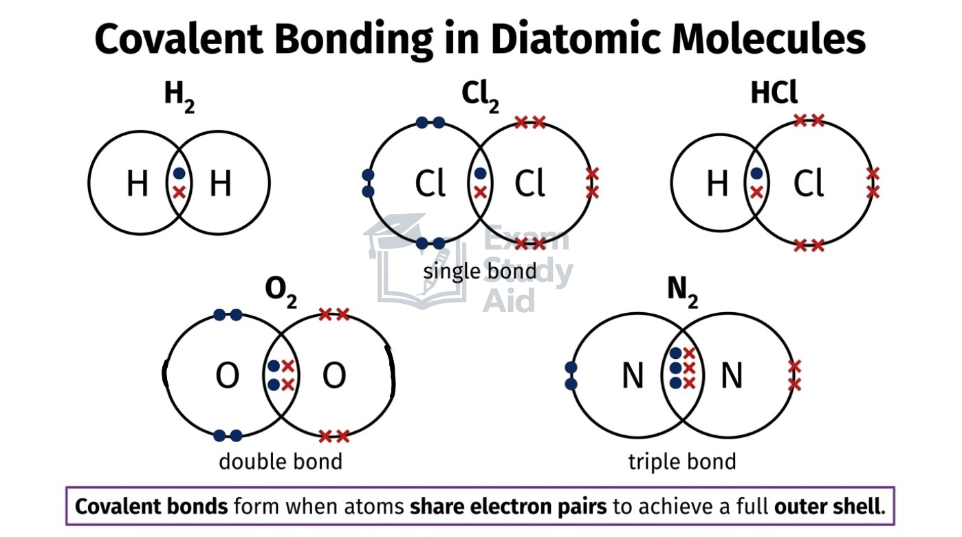 Dot-and-cross diagrams of diatomic molecules H2, Cl2 and HCl (single bonds), O2 (double bond) and N2 (triple bond) sharing electron pairs.