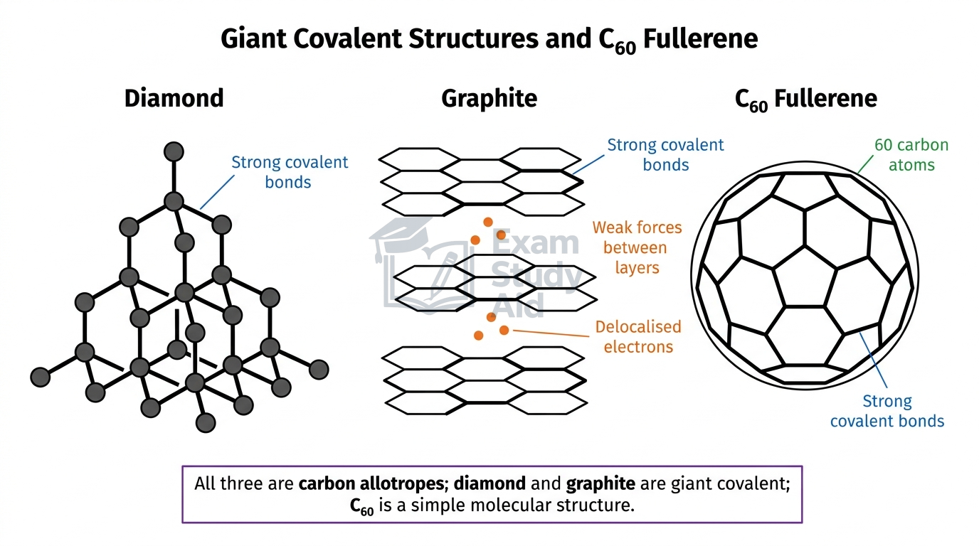 Structures of three carbon forms: diamond's tetrahedral network, graphite's layered hexagons with delocalised electrons, and a spherical C60 fullerene cage.