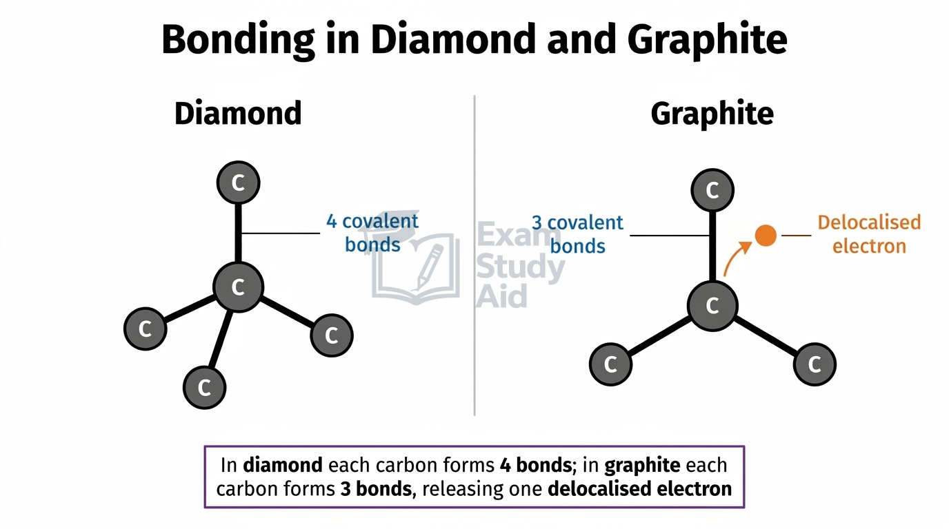 Comparison of bonding in diamond, where each carbon forms four covalent bonds, and graphite, where each forms three bonds releasing one delocalised electron.