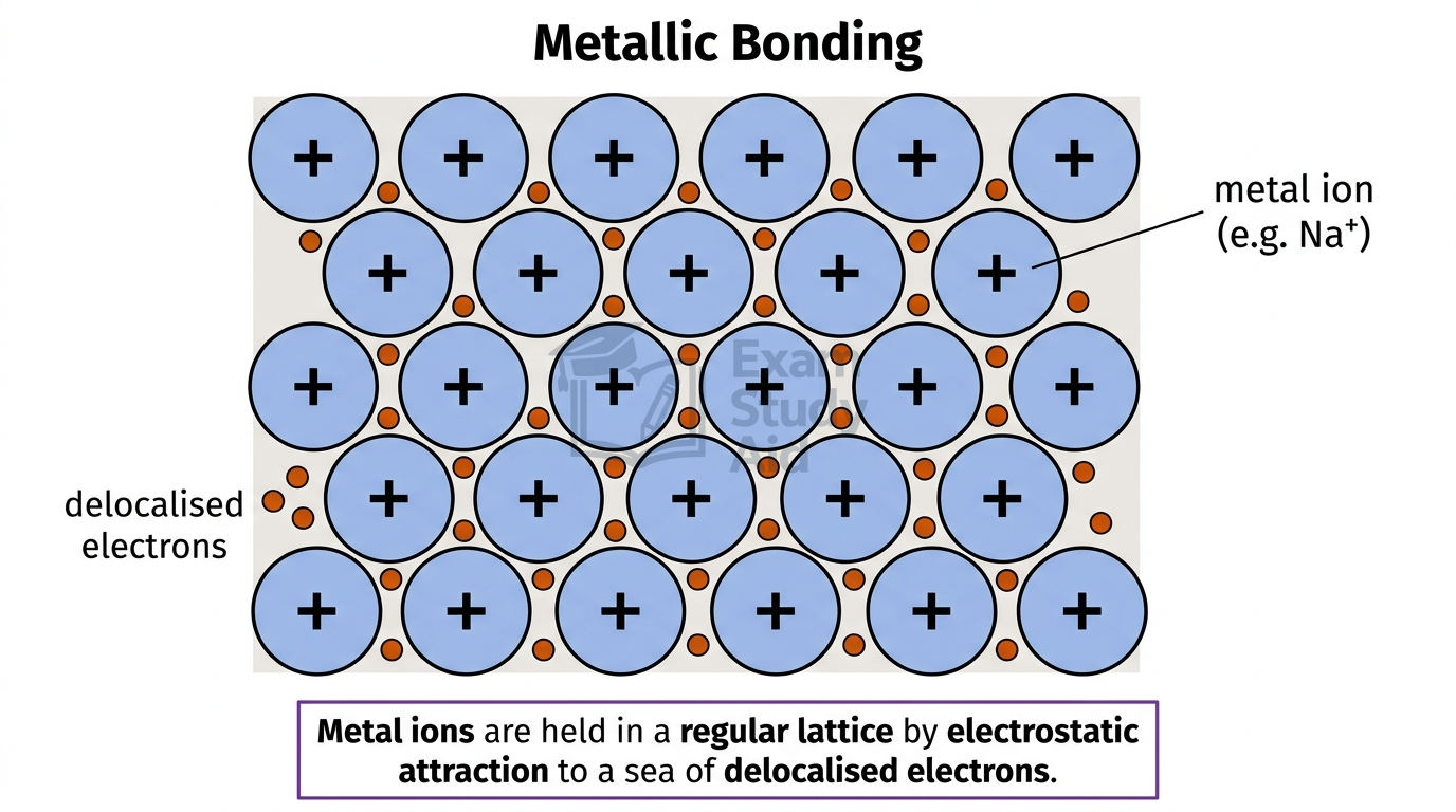 Diagram of metallic bonding showing a regular lattice of positive metal ions surrounded by a sea of delocalised electrons.