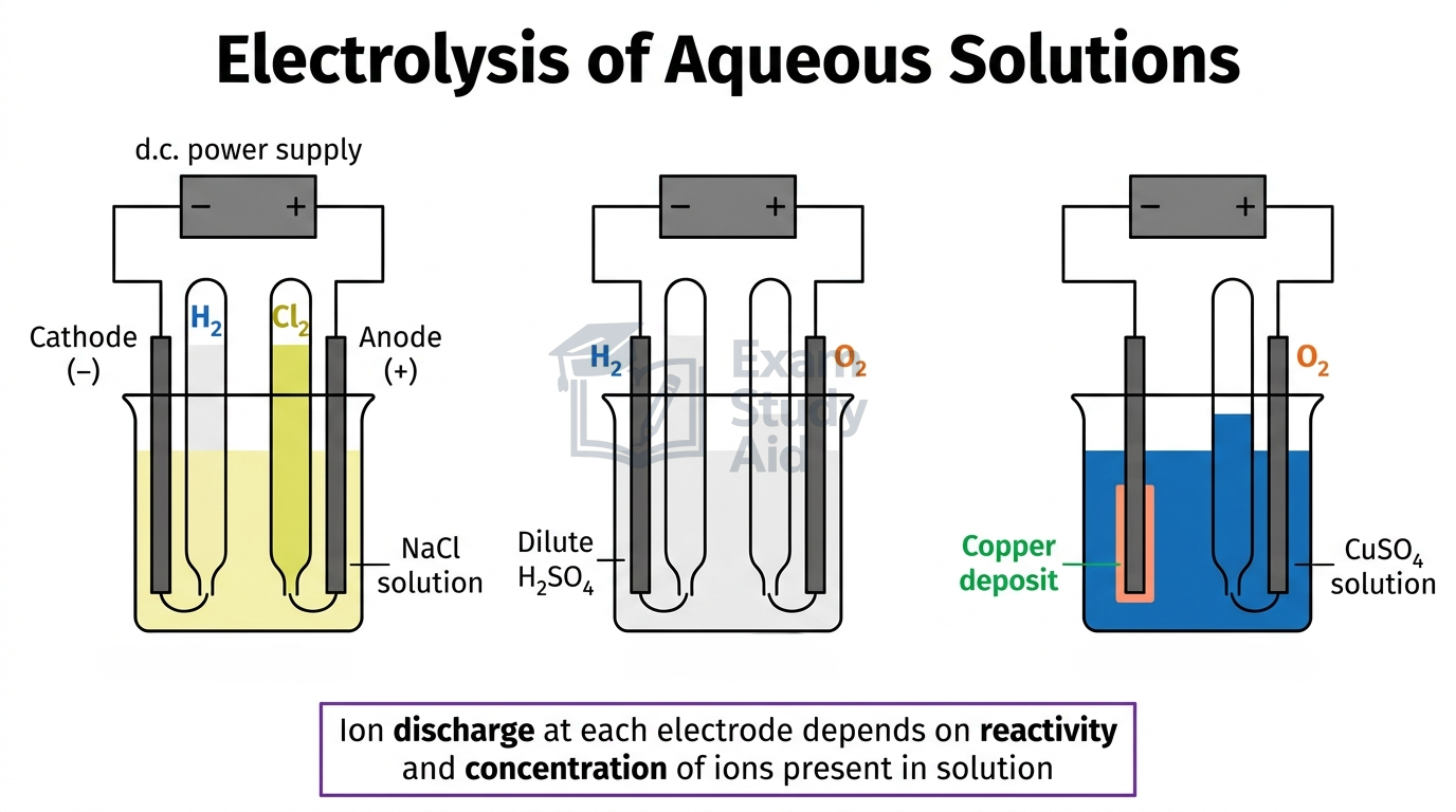 Three electrolysis cells for aqueous sodium chloride, dilute sulfuric acid and copper(II) sulfate showing the gases and deposits formed at each electrode.