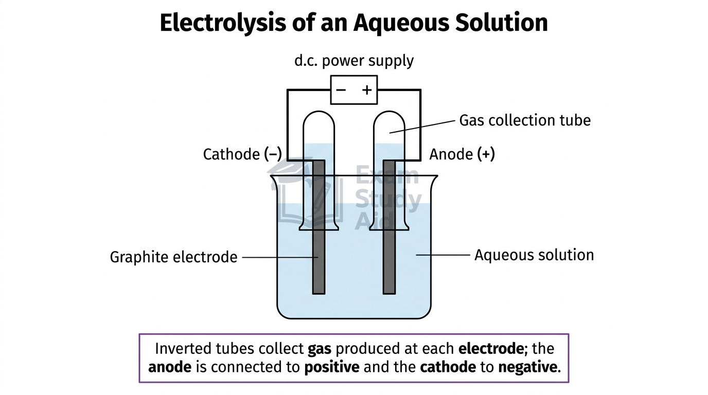 Labelled electrolysis apparatus with two graphite electrodes and inverted gas collection tubes in an aqueous solution connected to a d.c. power supply.