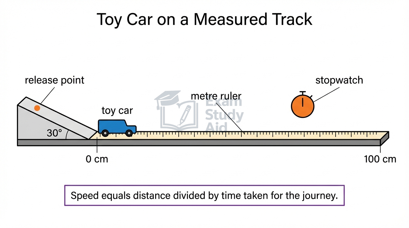 Toy car released down a ramp onto a metre-marked flat track from 0 to 100 cm, timed with a stopwatch to measure average speed.