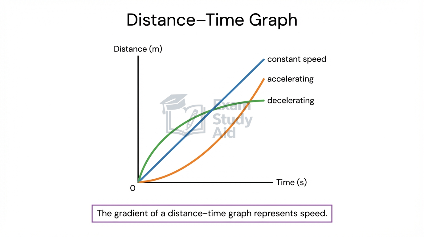 Distance–time graph comparing three curves: straight line for constant speed, upward-curving for accelerating, and flattening curve for decelerating.
