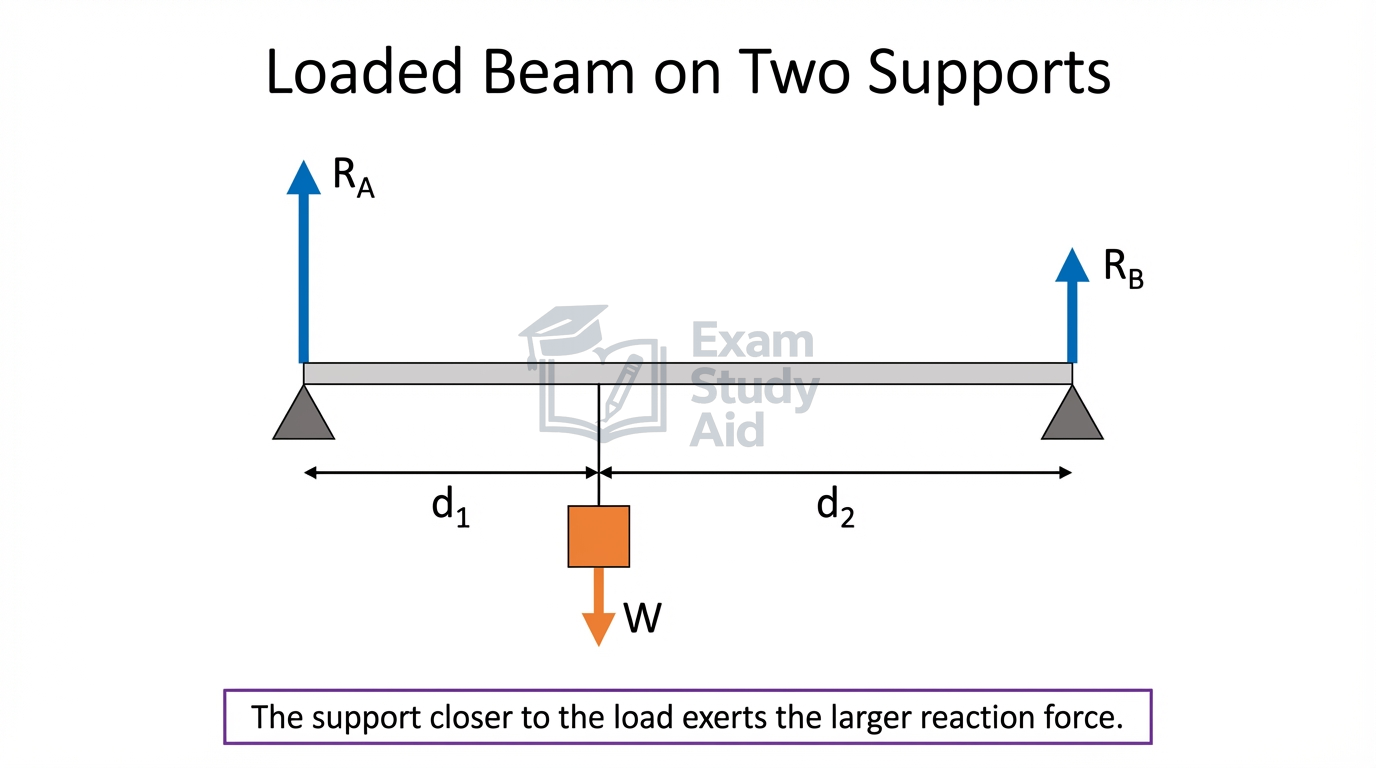 Beam on two supports with reaction forces R_A and R_B, a weight W between them at distances d1 and d2, the nearer support giving the larger reaction.