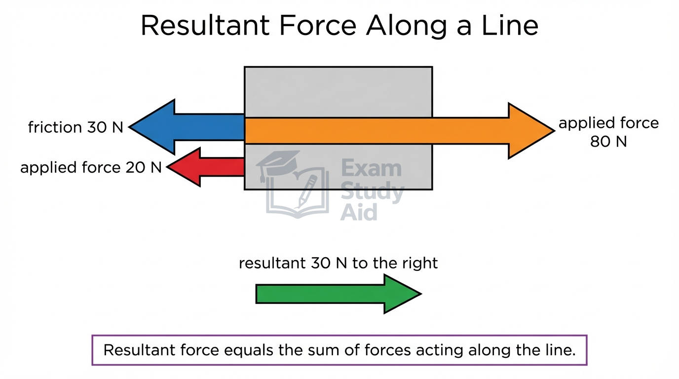 Block with an 80 N applied force right, 30 N friction and 20 N applied force left, giving a resultant force of 30 N to the right.