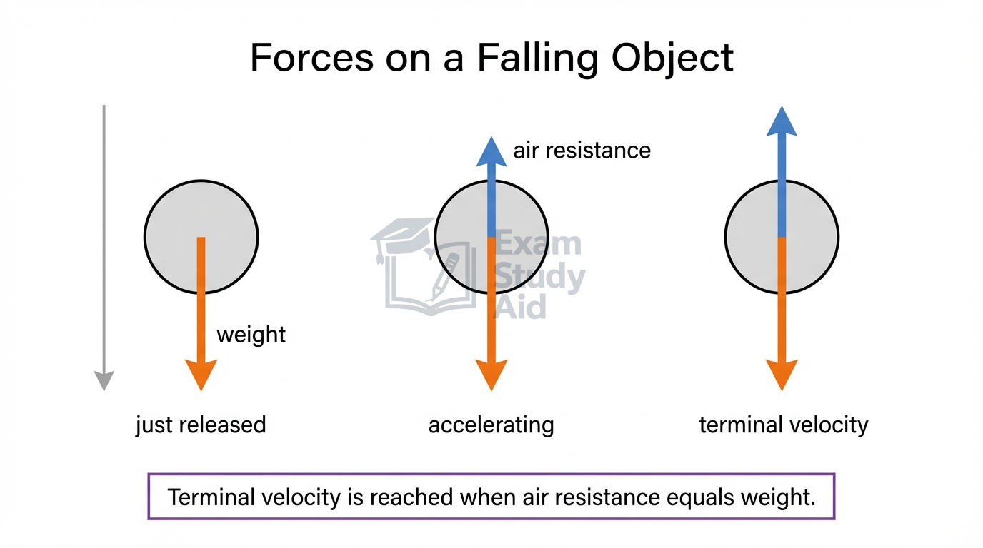 Forces on a falling object at three stages: weight only just released, weight exceeding air resistance while accelerating, and equal weight and air resistance at terminal velocity.
