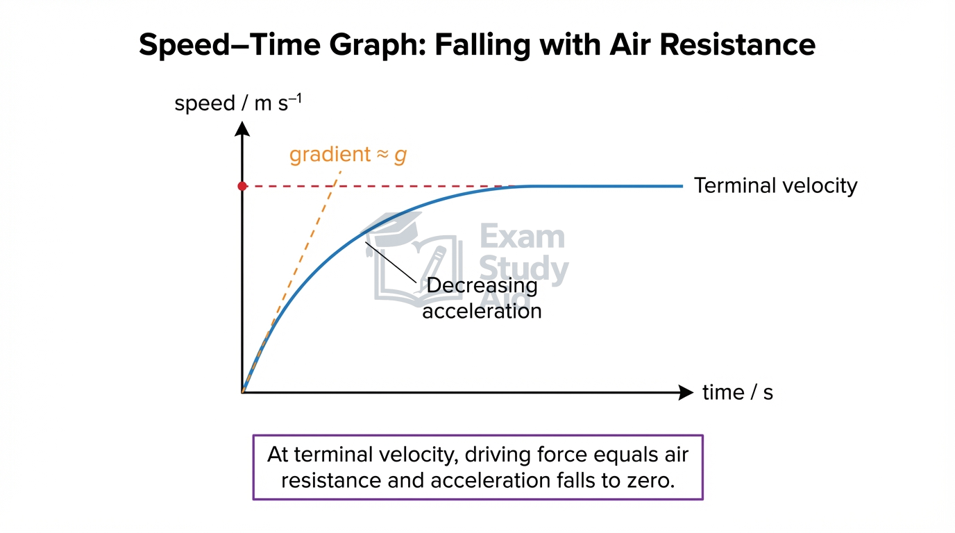 Speed–time graph for a falling object with air resistance: initial gradient equal to g, decreasing acceleration, then a horizontal line at terminal velocity.