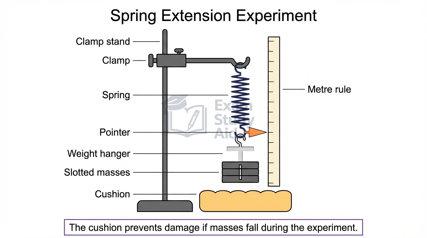 Spring extension apparatus: spring clamped to a stand beside a metre rule, with a pointer, weight hanger and slotted masses above a safety cushion.