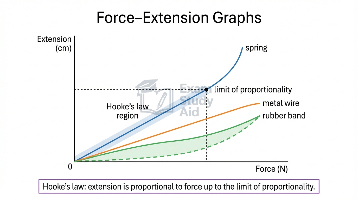 Force–extension graphs for a spring, metal wire and rubber band, with the linear Hooke's-law region and the limit of proportionality marked.