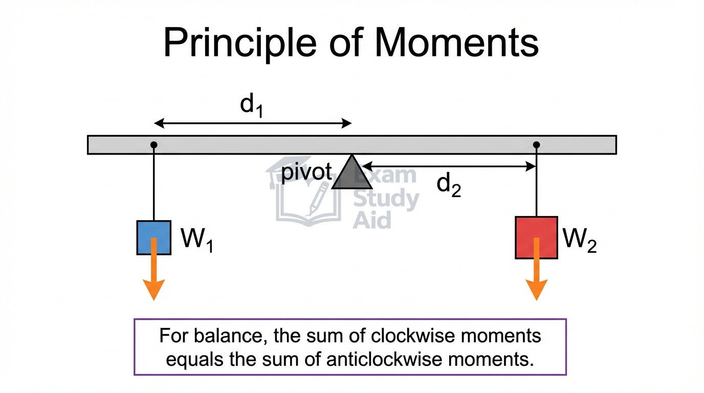 Principle of moments: a horizontal beam on a central pivot with weights W1 and W2 at distances d1 and d2, balancing clockwise and anticlockwise moments.